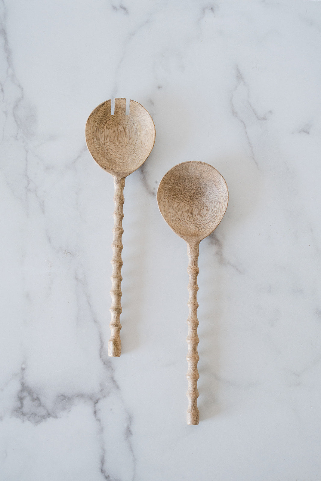 Carved Mango Wood Salad Servers w/ Scalloped Handle