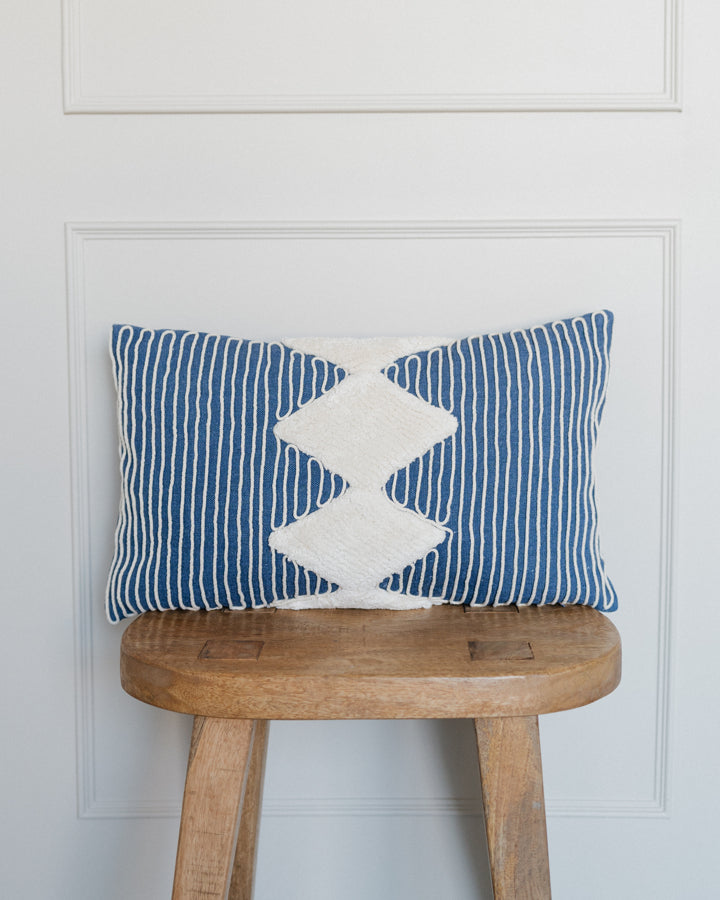 Blue and Cream Embroidered Rope Pillow