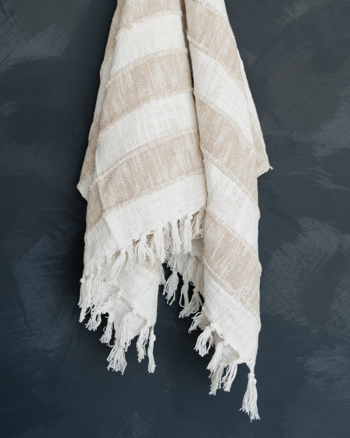 Woven Throw w/ Stripes & Fringe- tan