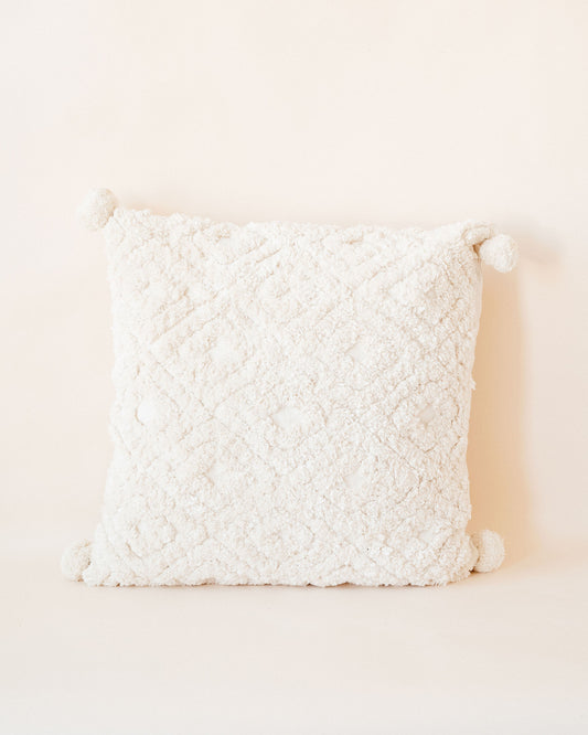 Square Tufted Cream Pillow w/ Pom Poms