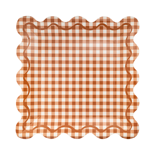 Rust Gingham Scalloped Square Paper Plates