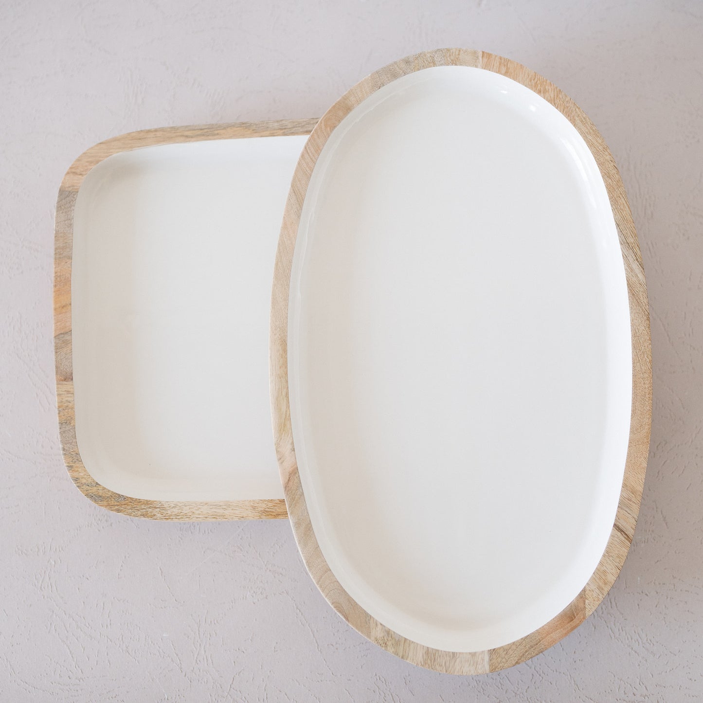 Oval Large White Enamel & Wood Tray