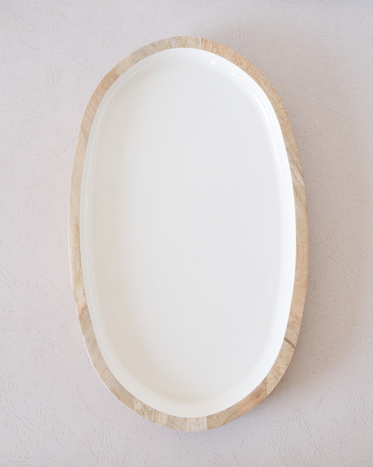 Oval Large White Enamel & Wood Tray