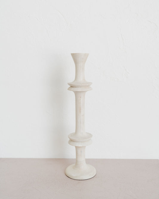 Carved Mango Wood Taper Holder- Bleached