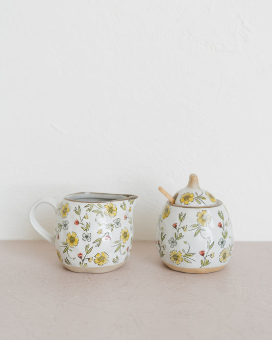 Hand-Painted Stoneware Sugar Pot and Creamer Set