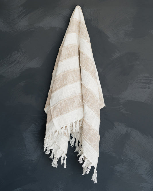 Woven Throw w/ Stripes & Fringe- tan