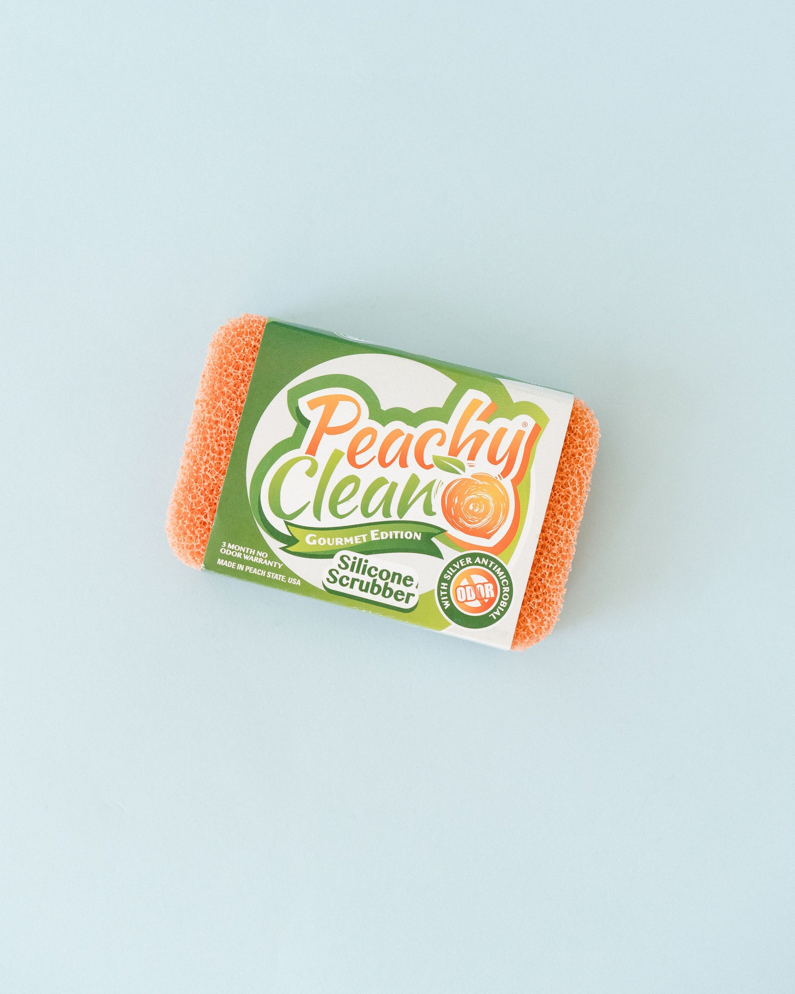 Peachy Clean Sponge, Fresh Peachy Scent. Made in USA.