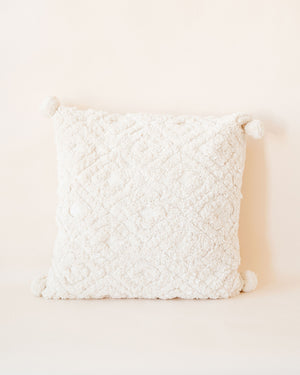 Square Tufted Cream Pillow w/ Pom Poms